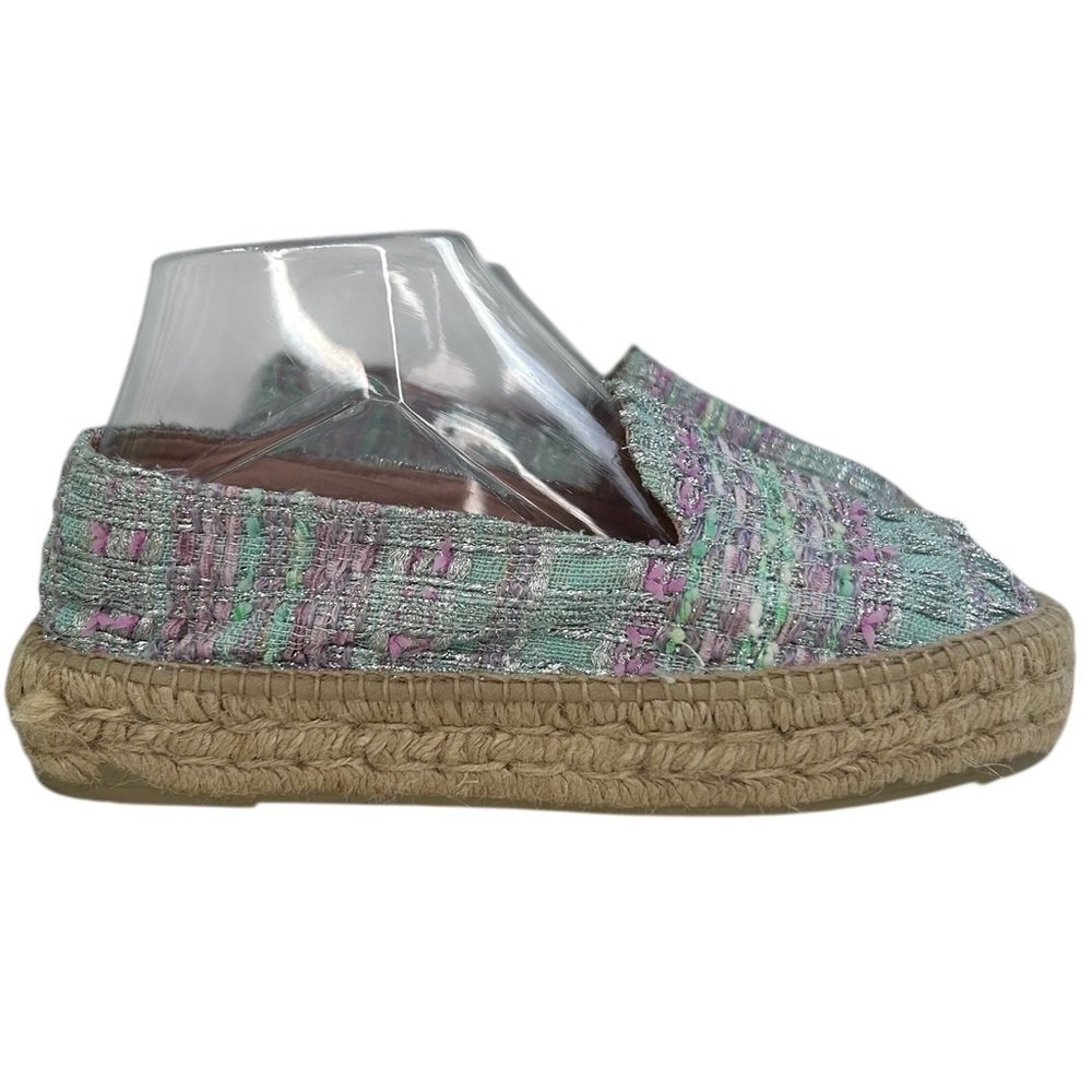Manebi Tweed Espadrilles Multi Pink Blue Slip On Shoes Summer Resortwear SZ 39/8